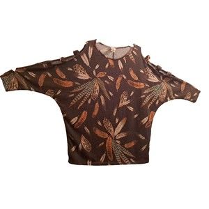 Lovely J Knit Top Women's L Brown Stretch Feathers Cold Shoulder  Fall Blouse